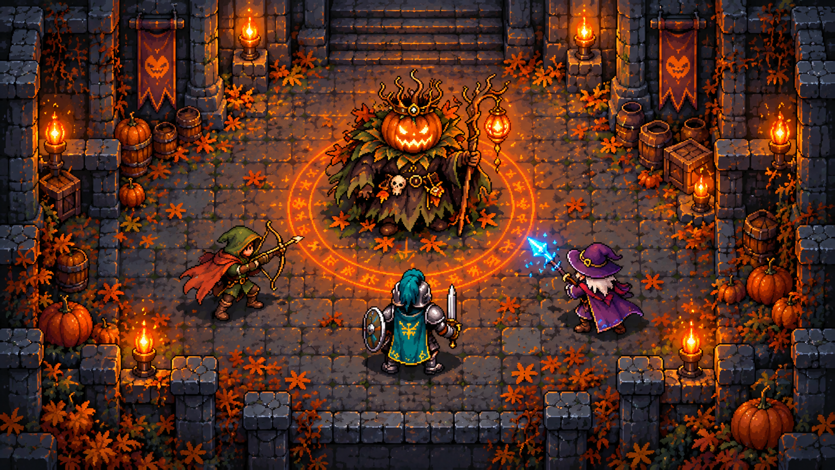 Original Emberpixel scene of the Pumpkin King and adventurers in a stone dungeon.